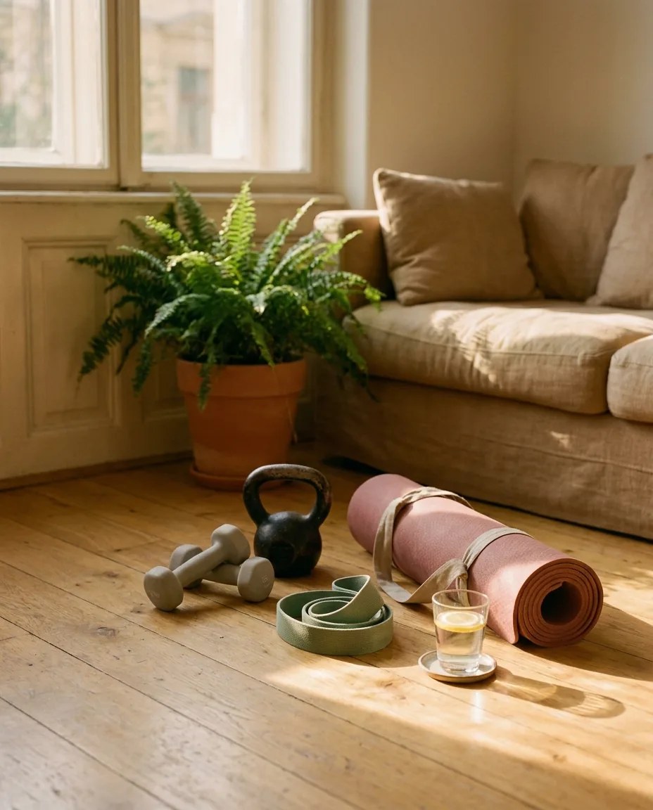 Malý kettlebell, pár jednoruček, odporová guma a srolovaná podložka na dřevěné podlaze u prosluněného okna