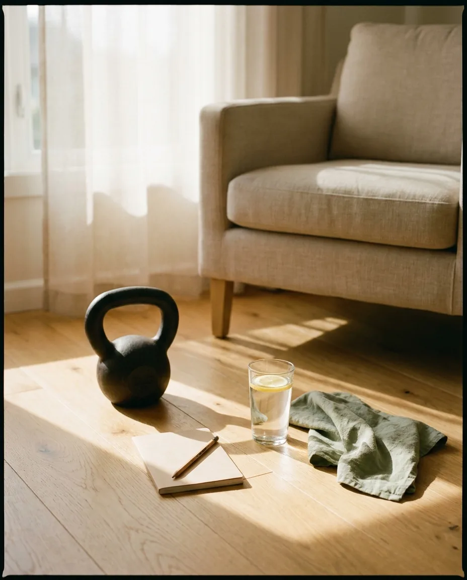 Litinový kettlebell, malý zápisník s tužkou a sklenice vody s citronem na dřevěné podlaze u okna
