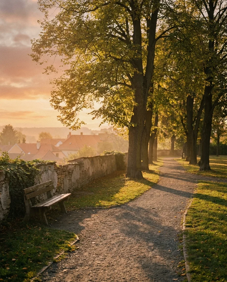 Štěrková cesta lemovaná lipami v městském parku, dřevěná lavička a nízké slunce
